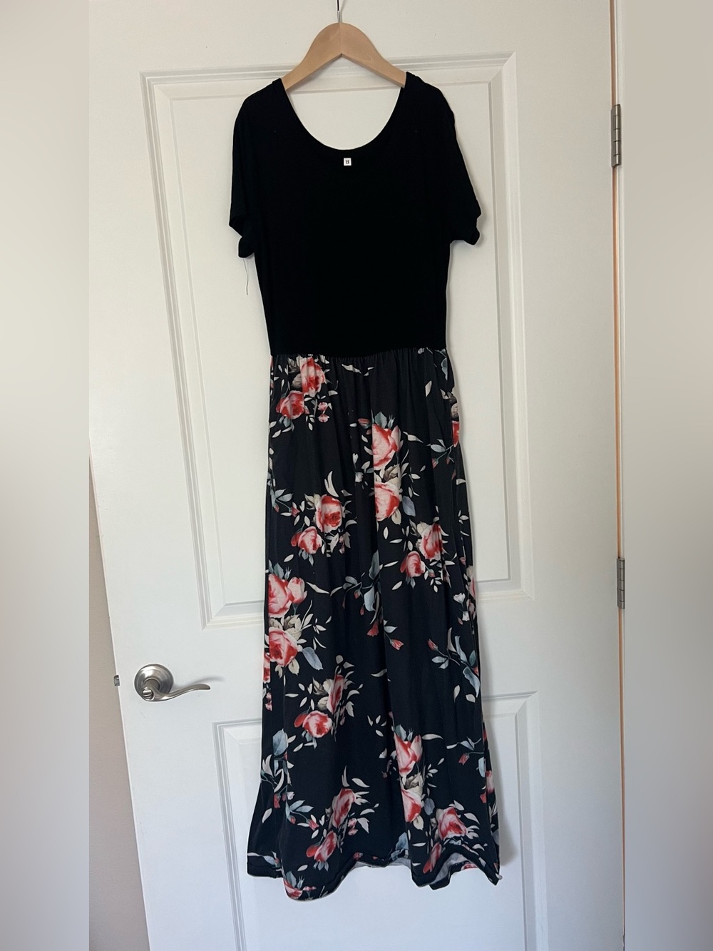 Black & Floral Maxi Dress with Red Rose Print